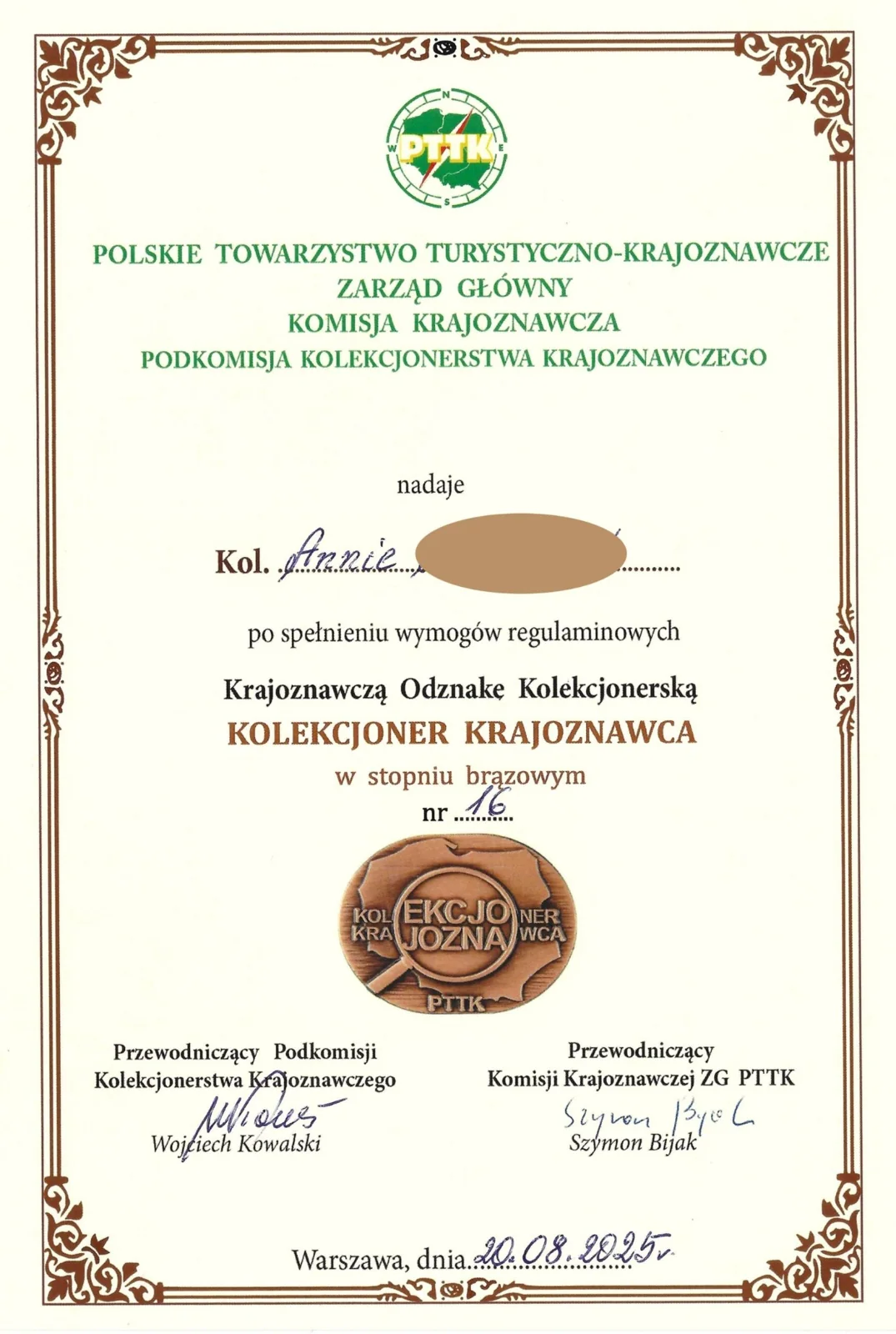 Dyplom PTTK za odznakę Kolekcjoner Krajoznawca